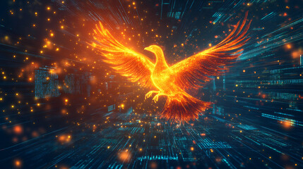 Digital phoenix spreading wings in cyberspace surrounded by binary code data stream