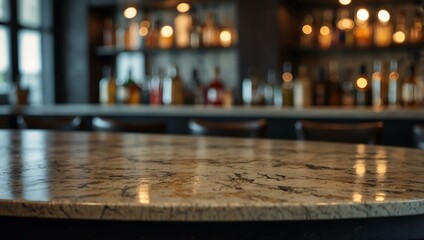 Obraz premium Empty luxury marble table with a blurred bar setting.
