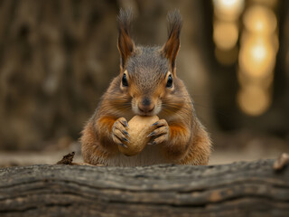 Fototapeta premium Red squirrel with nut in its paws on a log in the forest