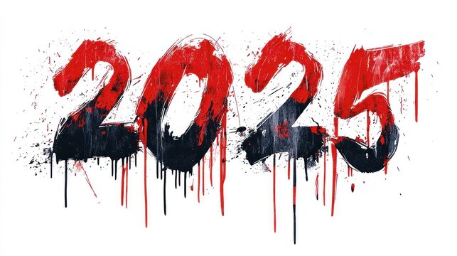 Written text "2025" in a dripping paint-style font with bold red color on a white background.