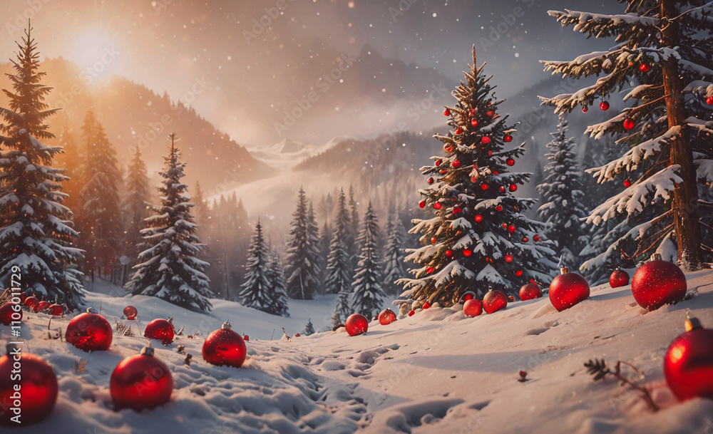 Aufkleber christmas tree with red balls on it. the tree is surrounded by snow. there are many red balls scatte