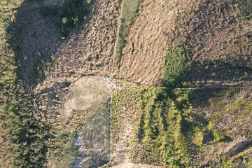 O início de um processo de reflorestamento de um morro em imagem aérea obtida com drone, em Seroédica, Estado do Rio de Janeiro, Brasil.