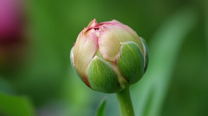 Close-up of a delicate, unopened flower bud, showcasing its pale pink and green hues against a blurred green background.