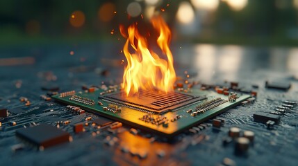 A close-up of a computer processor surrounded by flames, symbolizing overheating issues. The scene is vibrant, with fiery orange and yellow contrasting against green circuitry.