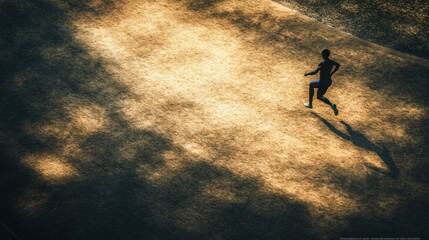 A solitary runner moves across a sunlit field, casting a long shadow in the golden light.