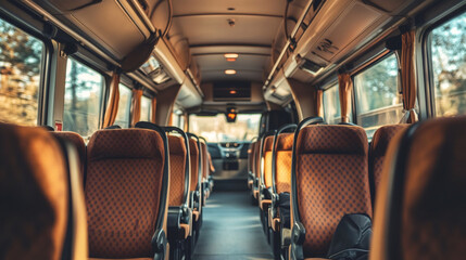 Fototapeta premium Comfortable seats and curtains on windows are creating a cozy atmosphere inside an empty bus