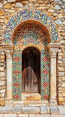 Obraz premium Ancient Byzantine Mosaic Tiles with Decorative Arc and Stone Background in Historic Architectural Setting