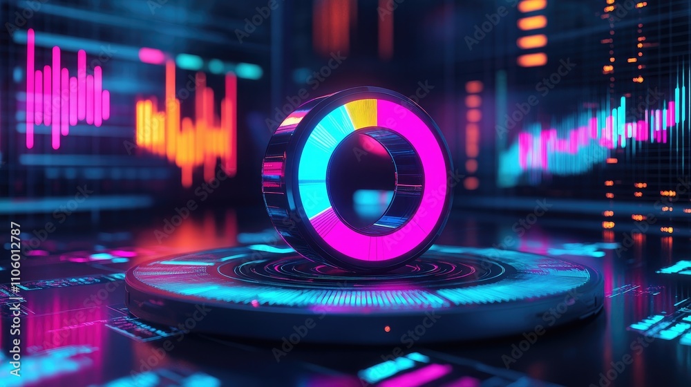Poster a high-tech 3d donut chart with neon-colored segments rotating around a central axis, surrounded by 