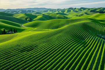 Fototapeta premium Lush Vineyard Rolling Across Hillsides Under Golden Sunlight
