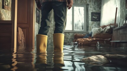 Flooded Room with Person in Yellow Boots
