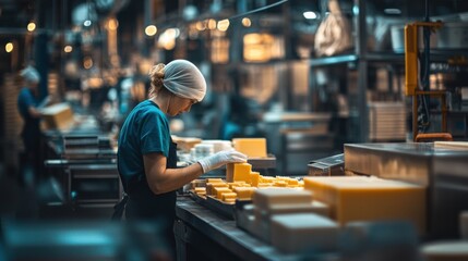Cheese Factory Worker Packaging Blocks of Yellow Cheese