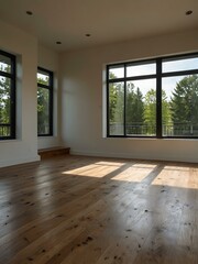 Fototapeta premium Empty white living room with wood flooring and large windows.