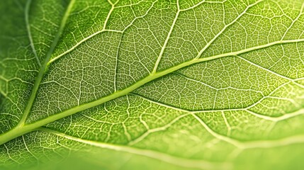 Fototapeta premium Close-up of a vibrant green leaf's intricate vein structure, showcasing nature's detail.