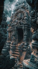 Fototapeta premium Intricate Ancient Hindu Temple Surrounded by a Mystical Atmosphere Showcasing Detailed Stone Carvings and Statues, Captivating Historical and Cultural Significance