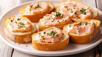 Fototapeta premium Delicious Salmon Mousse on Toasted Baguette Slices