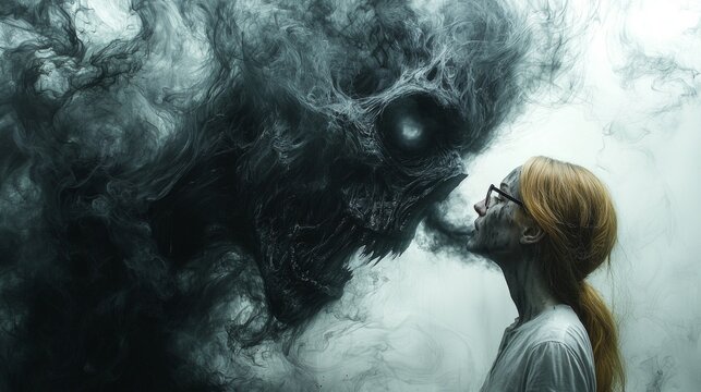 frightening dementor looms weary woman drawing her joy form swirling black smoke contrasting starkness background its chilling presence.