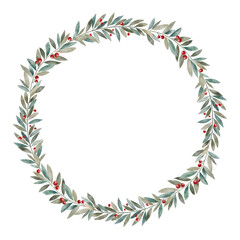 Watercolor illustration of a colorful Christmas wreath with pine branches and berries on a white background. Perfect for holiday cards, gift wrap, posters, decor, art prints, and festive crafts.