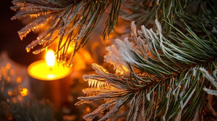 Close-up of frost-covered pine branches with a warm candlelight glow.