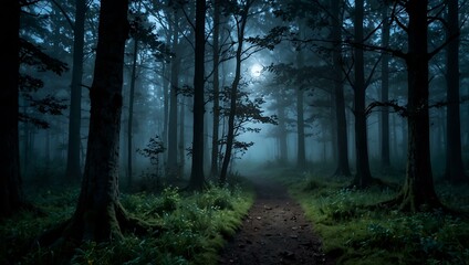 Obraz premium Enchanted foggy forest under moonlight.