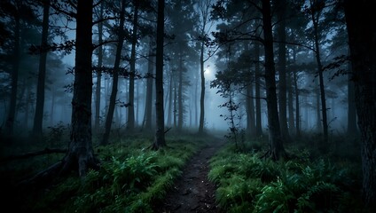 Obraz premium Enchanted foggy forest under moonlight.