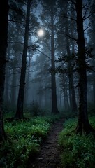 Obraz premium Enchanted foggy forest under moonlit twilight.