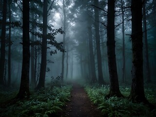 Fototapeta premium Enchanted foggy forest with moonlit serene glow.