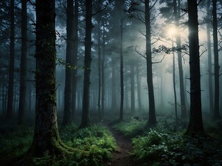 Obraz premium Enchanted foggy forest with moonlit serene glow.