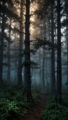 Obraz premium Enchanted forest at twilight with moonlit fog.