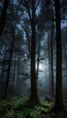 Fototapeta premium Enchanted forest at twilight with moonlit fog.