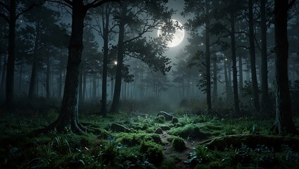 Obraz premium Enchanted forest scene with fog and moonlight.