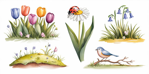 Watercolor illustration of a spring meadow with blooming wildflowers, fresh greenery, and soft sunlight creating a serene and peaceful atmosphere.