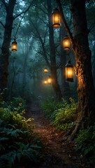 Fototapeta premium Enchanted forest with glowing lanterns in a mystical mist.
