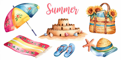 Naklejka premium Watercolor painting of a vibrant summer beach scene with children playing in the sand, beach balls, and the ocean in the background, evoking a fun, energetic vibe.