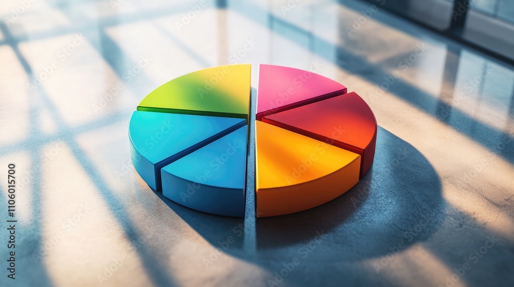 Poster a multi-colored 3d pie chart with each slice elevated, casting shadows on a reflective surface, repr