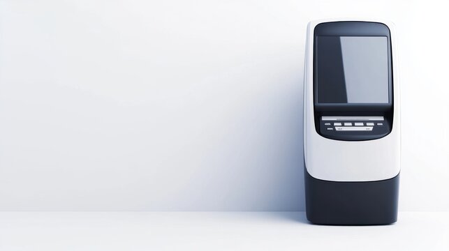 A sleek, modern payment terminal stands against a plain background, showcasing a minimalistic design suitable for various retail environments.