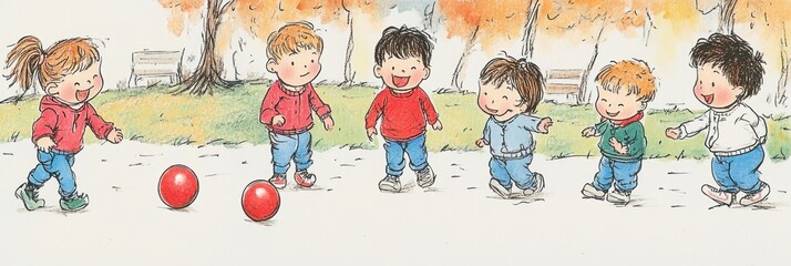 Children playing with red balls in a park during autumn.