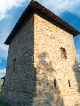 Old Romanian fortified traditional house (cula) at The Village Museum of Valcea County, Romania