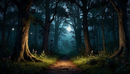 Obraz premium Enchanted magical forest with twilight moonlight.