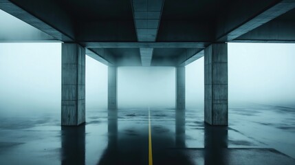Symmetrical view of an empty concrete bridge or viaduct with supporting pillars, covered by dense fog and wet reflective surfaces, creating a mysterious and minimalist atmosphere.
