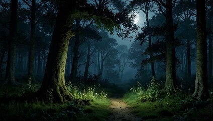 Obraz premium Enchanted magical forest with twilight moonlight.