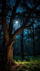 Enchanted moonlight shining through trees.