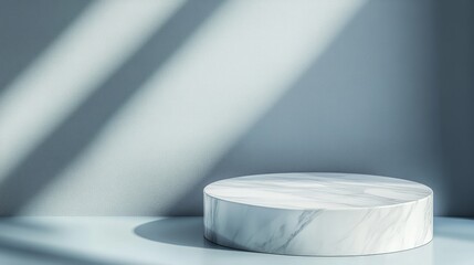 A polished marble podium with soft curves, reflecting light elegantly, on a solid blue-gray background