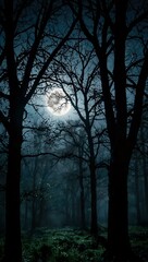 Naklejka premium Enchanted moonlight shining through trees.