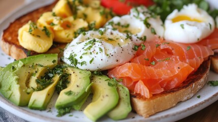 A plate of artisan toasted bread with different toppings like sliced avocado, smoked salmon, and poached eggs, styled beautifully for a gourmet brunch.