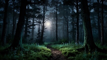 Fototapeta premium Enchanted twilight forest in moonlit serenity.