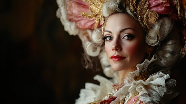 Rococo Era Woman Elegant Portrait, Baroque Costume, Gold, Lace, Pink - Powered by Adobe