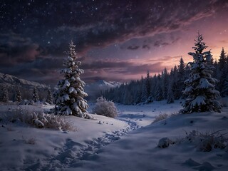 Fototapeta premium Enchanted winter night scene with snow and purple skies.