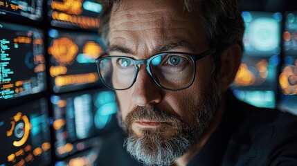 Skilled cybersecurity expert analyzes multiple screens displaying complex data and threats dimly lit operations center emphasizing vigilance and expertise digital security.