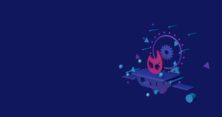 Pink fire symbol on a pedestal of abstract geometric shapes floating in the air. Abstract concept art with flying shapes on the right. 3d illustration on indigo background