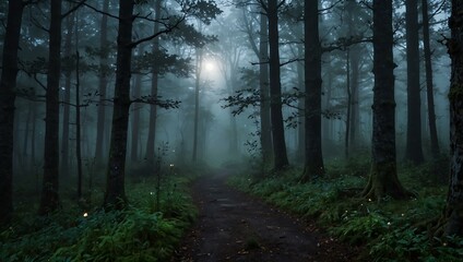 Fototapeta premium Enchanted, foggy forest with moonlit, serene magic.